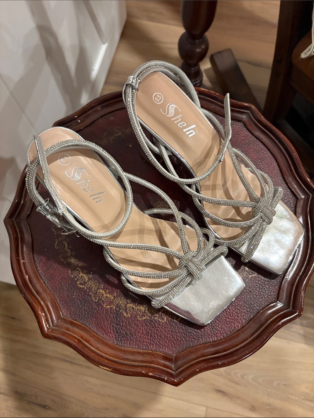 SHEIN Silver Strappy Knotted Square-Toe Heels